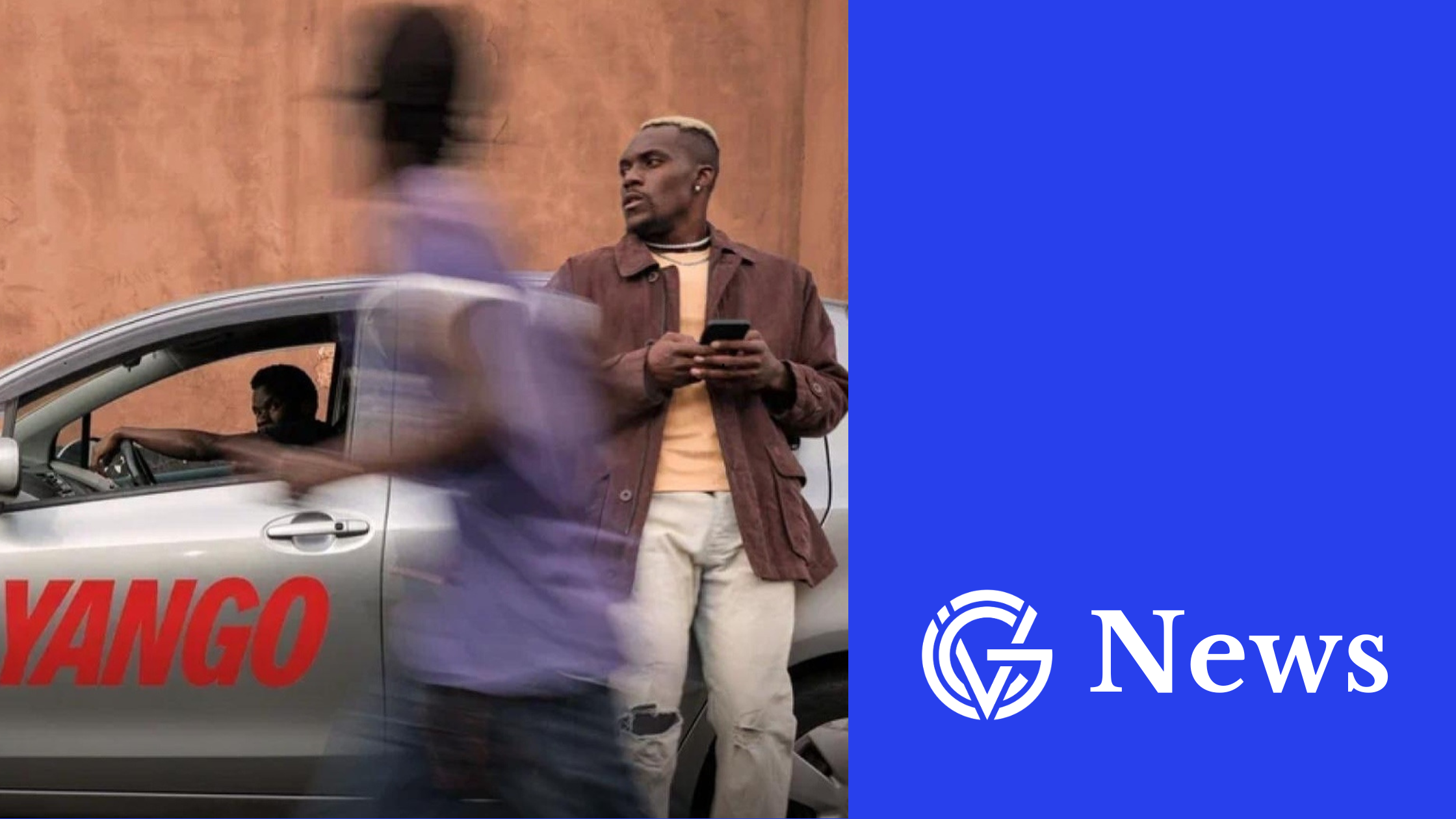 a man leaning on a grey car with a Yango branding while another person walks by